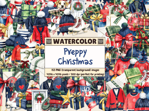 Download Preppy Christmas Watercolor Clipart - Art Collection